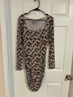 12Thompson Geometric Ruched Long-Sleeve Dress in Brown, Gray and Black